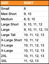 Boot Size Chart for Sitka Waders